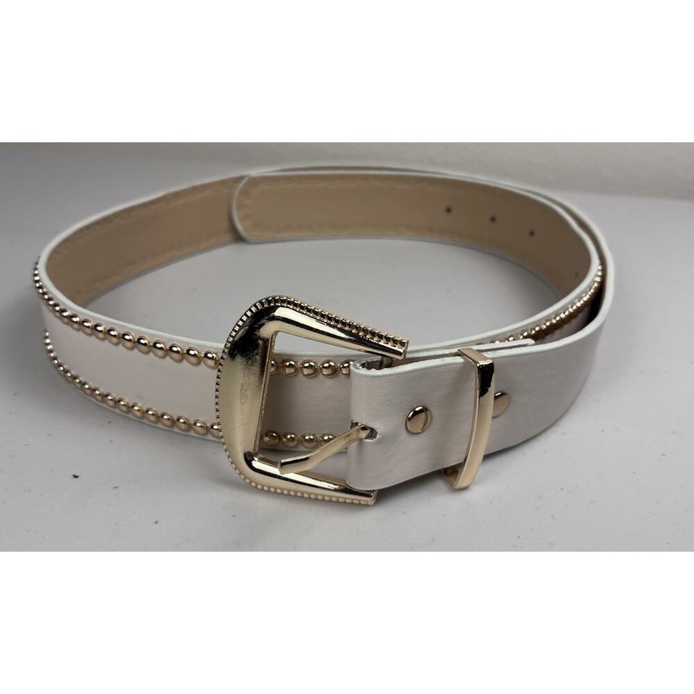 White Studded Faux Leather Belt Gold Buckle Y2K Style Women’s